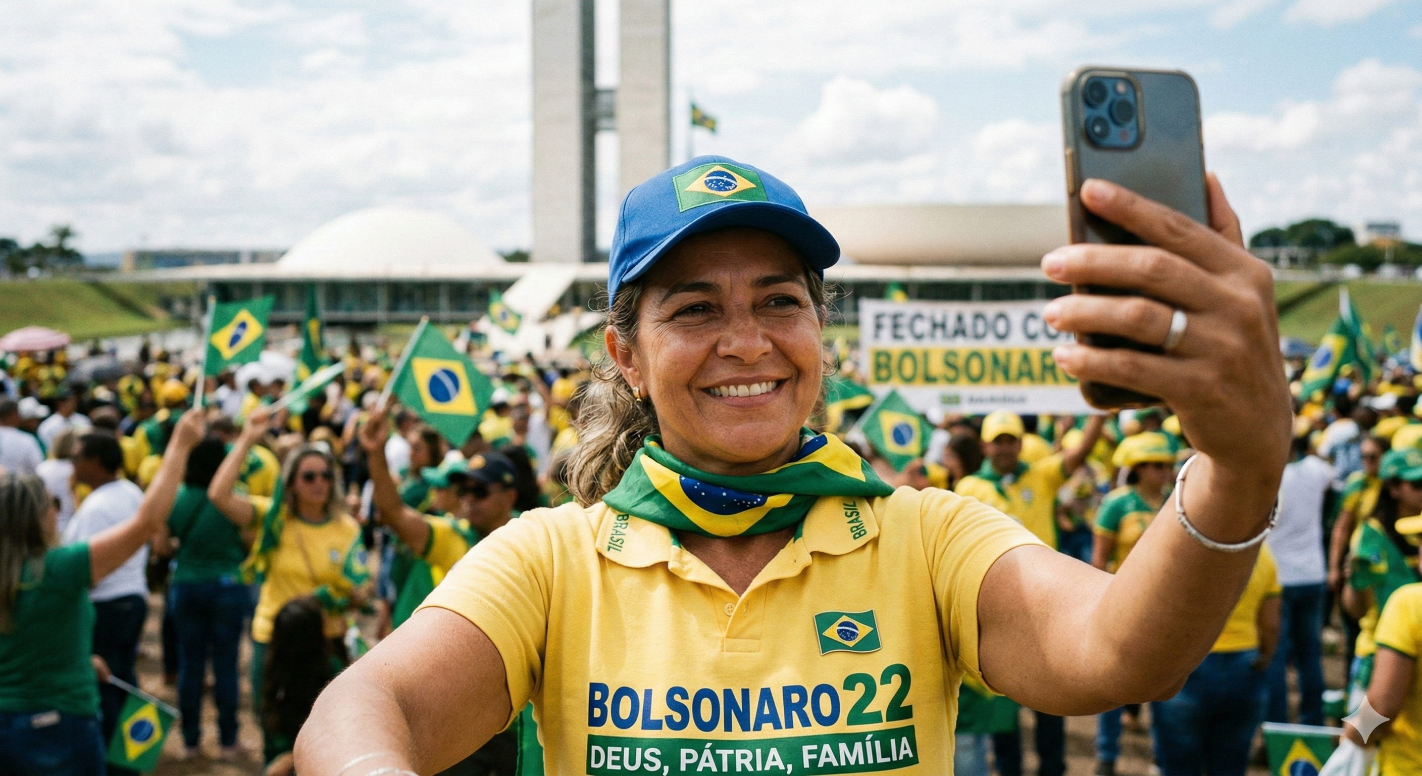 Patriota brasileira em manifestação cívica registrando o momento com o celular